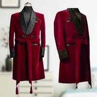 latest coat design men suits tailor made red wine velvet party prom groom tuxedo double breasted long overcoat