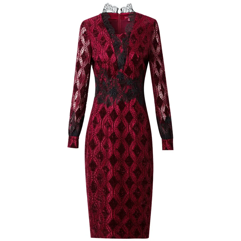 

NEW spring Work 2021 Lattice pattern Lace dress Women Clothing Vintage Party Dress plus size free shipping Long sleeves dresses