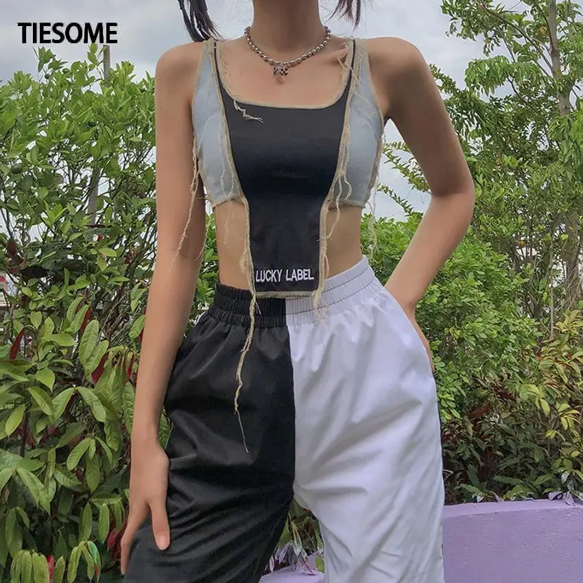 TIESOME lucky Alphabet graphics Vest women cool crop top 2020 summer sleeveless Patchwork tops street casual wear female new | Женская