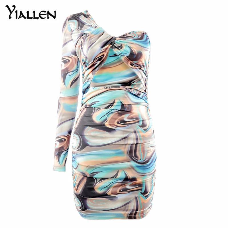 

Yiallen 2021Summer Asymmetrical Print Short Dress Women Backless Pleated Bodycon Ruched Dress Hollow Out One Shoulder Sexy Dress