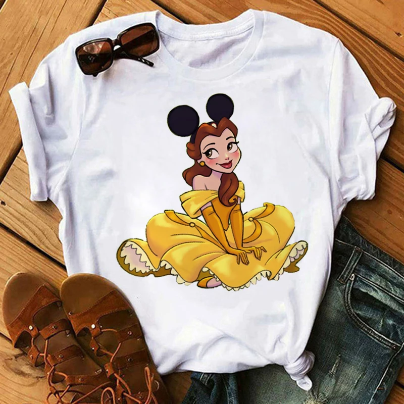 

Kawaii Disney Микки ушки принцессы футболка для женщин мультфильм Белоснежка Графические футболки Гранж унисекс Harajuku футболка женская 80110