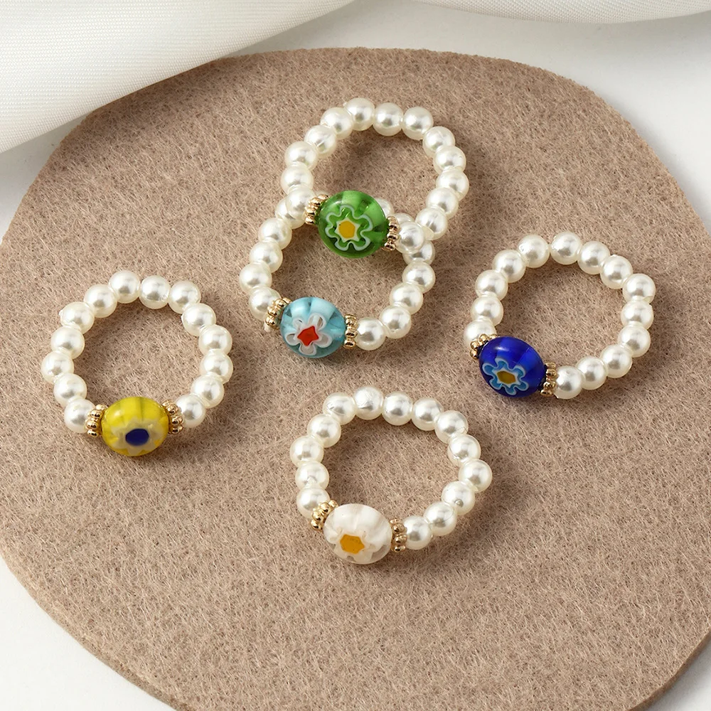 

5pcs /Set Bohemia Pearl Beaded Rings for Colorful Flowers Multi Beaded Elastic Adjustable Rope Ring Travel Beach Jewelry Gifts