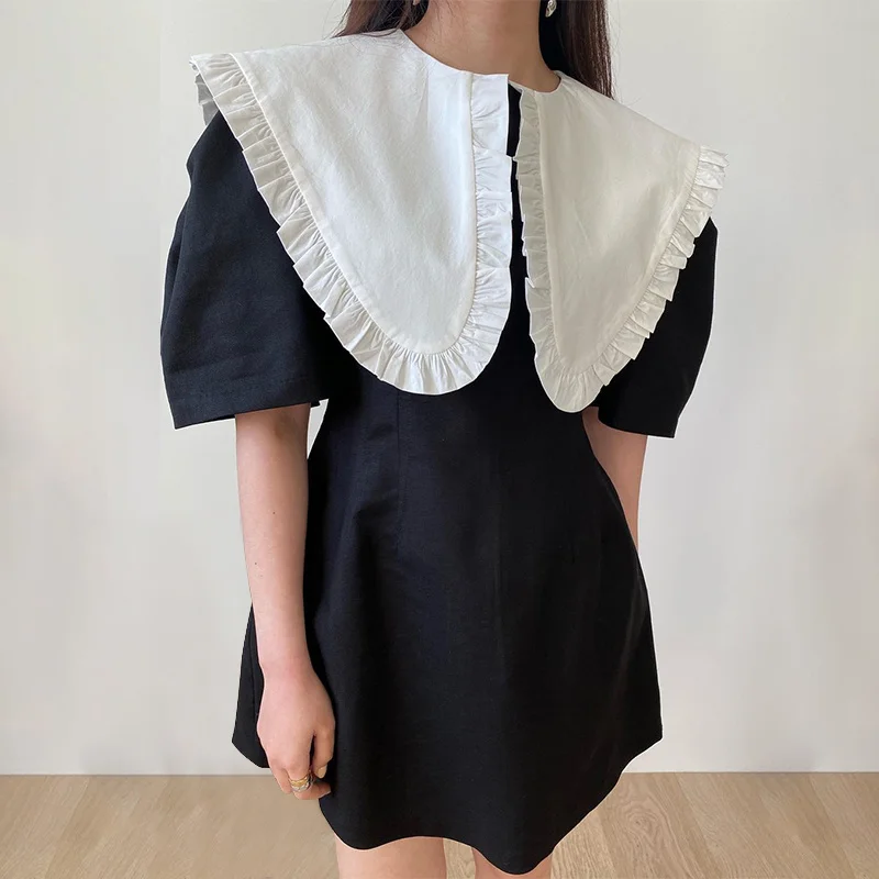 

South Korea Chic Summer Dress French Dress Large Lapel Auricular Edge Contrast Stitching High Waist Small Short Sleeve Dress