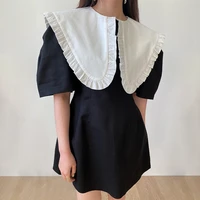 south korea chic summer dress french dress large lapel auricular edge contrast stitching high waist small short sleeve dress