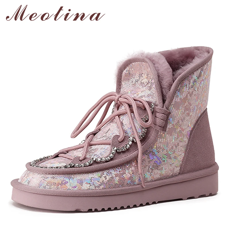 

Женские ботинки из натуральной кожи Meotina, Теплые ботильоны на плоской платформе, со шнуровкой, зимние серые, розовые, размеры 34-43, 2021