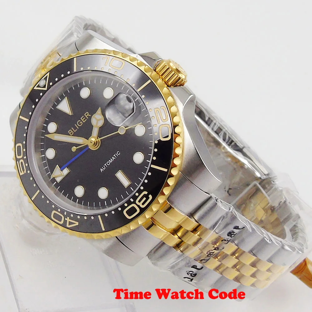 Мужской браслет BLIGER Design автоматический механический черный циферблат GMT Дата