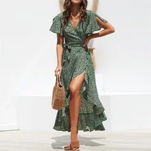 Summer Beach Maxi Dress Women Floral Print Boho Long Chiffon Dress Ruffles Wrap Casual V-Neck Split Sexy Party Dress Robe (2)