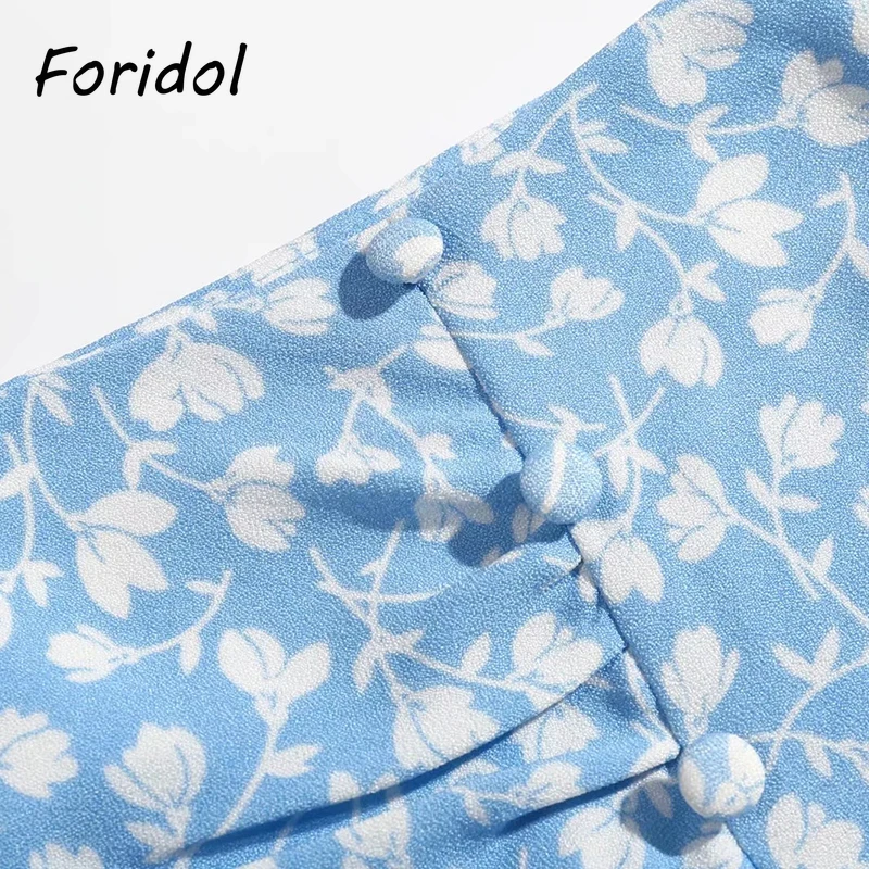 

Foridol Floral Print Slit Skirts Womens High Waist Button Long Maxi Skirt Casual Boho A-line Blue Skirt Bottoms Summer Skirt