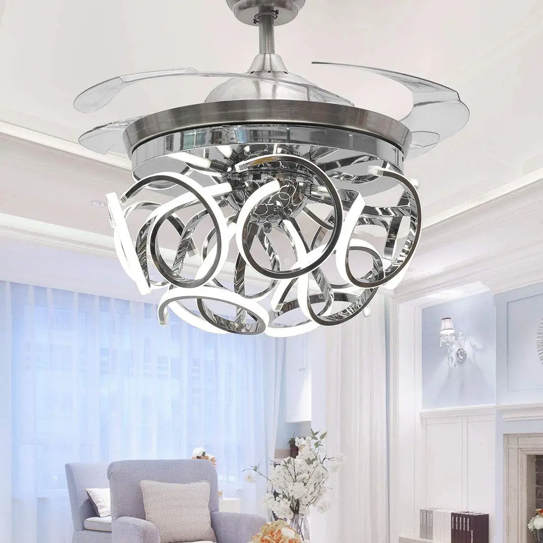 

Lighting Fandelier Modern Folding Ceiling Fans 42 Inch Ceiling Fan Chandelier with LED Light and Remote Control Crystal Chrome