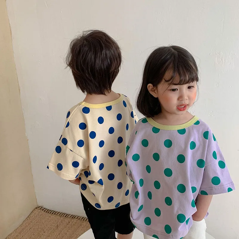 MILANCEL 2021 Summer New Kids T-shirt Polka Dot O-neck Children Tees Cotton Casual Clothes for Brother and Sister | Мать и ребенок