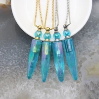 new blue ab raw crystal points perfume bottle necklace pendantsaura quartz spike pen essential oil diffuser vial charms chains