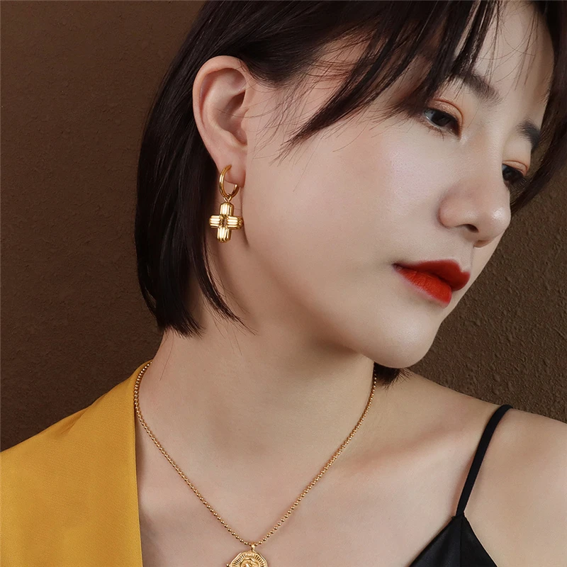 

Vintage Gold Color Cross Hoop Earrings For Women Exquisite Jewelry Fashion 316l Stainless Steel Eardrop Pendientes Bijoux Femme