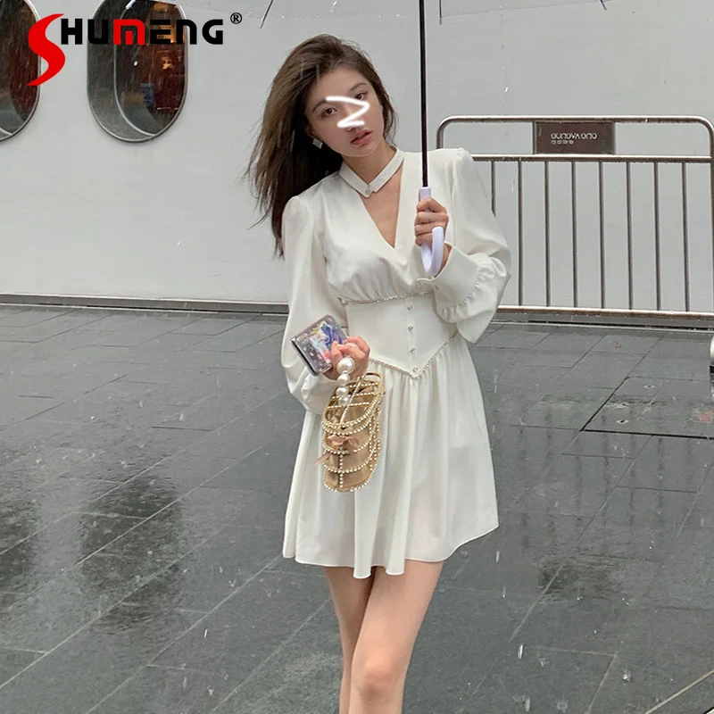 

2021 Early Fall Female New French Beaded Western Style Diamond-Embedded V-neck White Dress Women Elegant Halter Slim Waist Dress