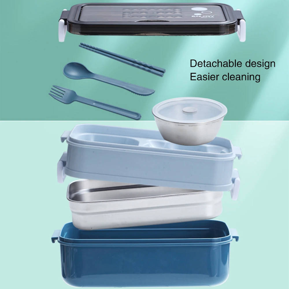 

Stainless Steel 2-Layer Insulated Lunch Box with Cutlery Compartment Soup Bowl Lunch Box Sushi Fruit Tray Kitchen Tableware 1PC