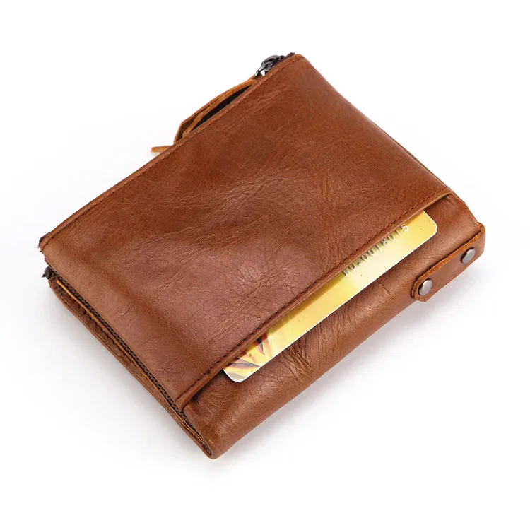 

Genuine First Layer Leather Women's Short Wallet RFID Anti Theft Double Zipper Pocket Wallet Multi Function Change Coin Purse