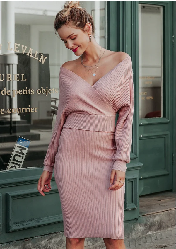 Outono e inverno malha комплект из двух предметов vestido moda apertado saco облегающая юбка das mulheres Com