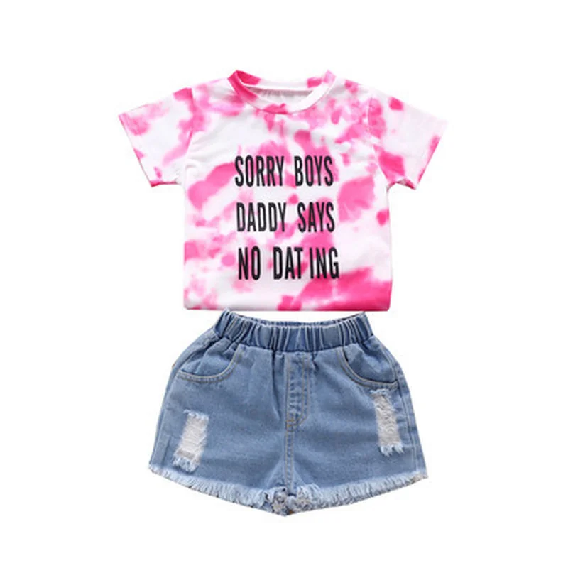 

Girls' new product tie-dye T-shirt pants two-piece 2021 summer children's baby girl ripped jeans set
