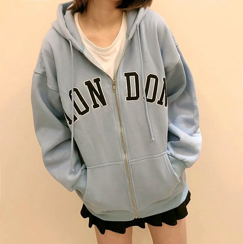 

England Retro Letter Embroidery Zip Up Hoodie Jacket Women Oversized Sweatshirt 2021 Autumn New Streetwear Fashion Teens Clothes