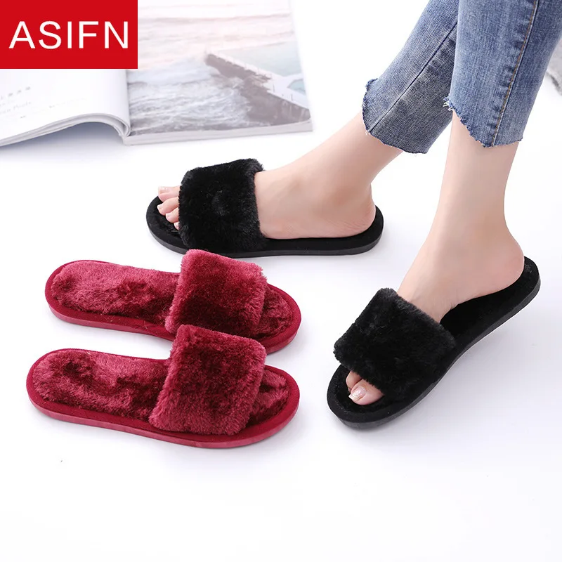 Сланцы ASIFN женские из искусственного меха домашние зимние плюшевые тапочки