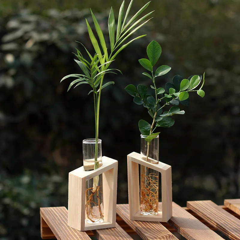 

Glasses Plant Pots Hydroponic Pants Flower Bonsai Pot Hanging Terrarium with Wood Tray Decorative Flower Pots Home Decor