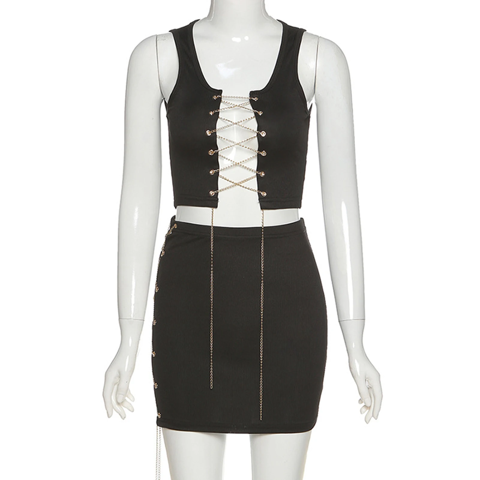 Женская летняя одежда короткий топ на шнуровке с металлической цепочкой костюм