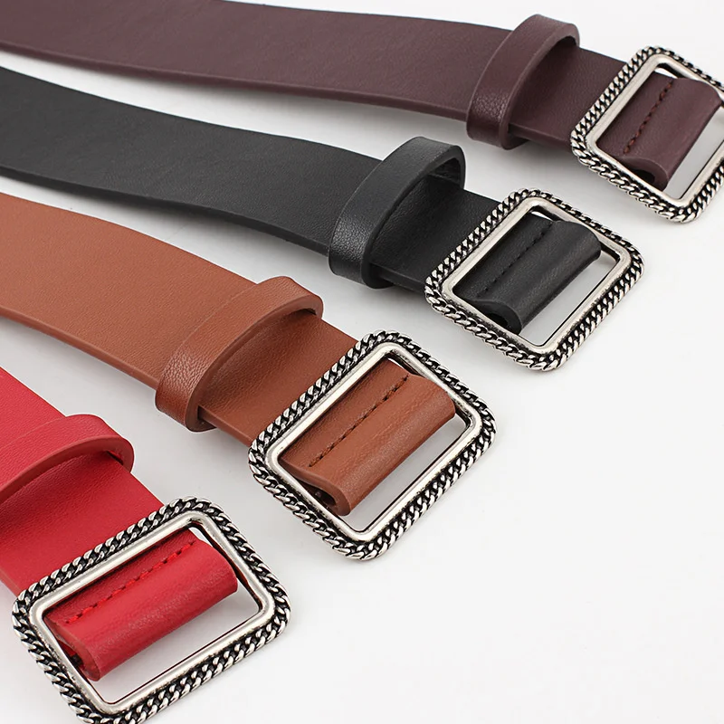 

Women Waist Belt Women's No Hole Decorated Belts Female Hot Design Dress Strap Fashion Silver Square Buckle PU Leather Belt