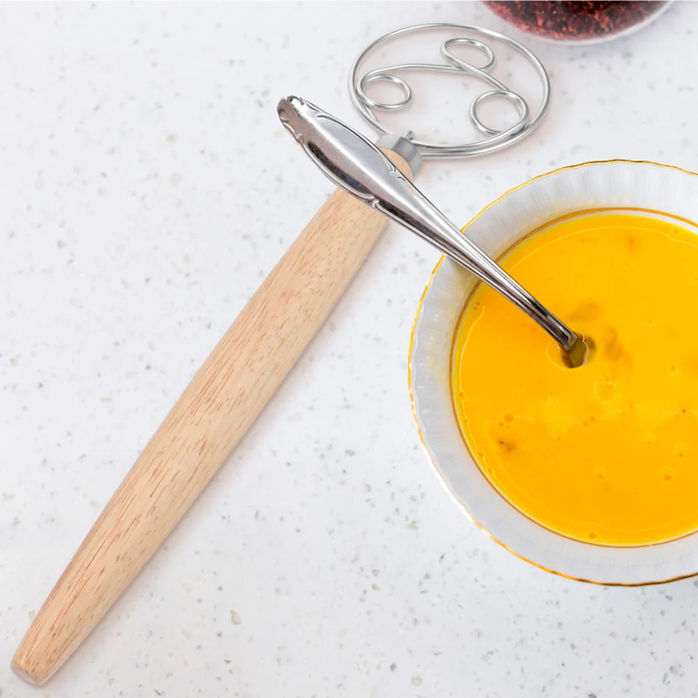 

1pc Kitchen Portable Wood Handle Flour Mixer Three-ring Whisk (Wood Color)