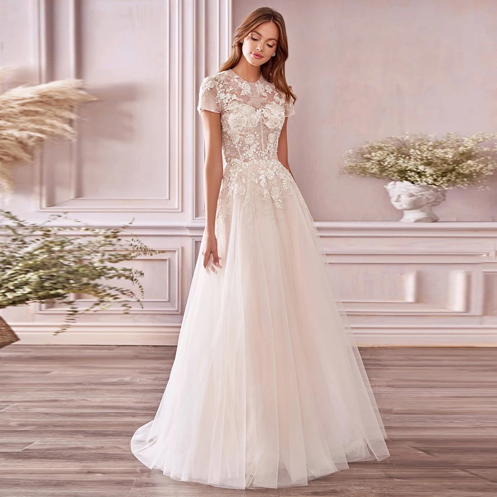

Scoop Short Sleeve A-Line Floor-Length with Puff Tulle Applique Embroidery Wedding Dresses Illusion Back Bridal Gowns 2021 New