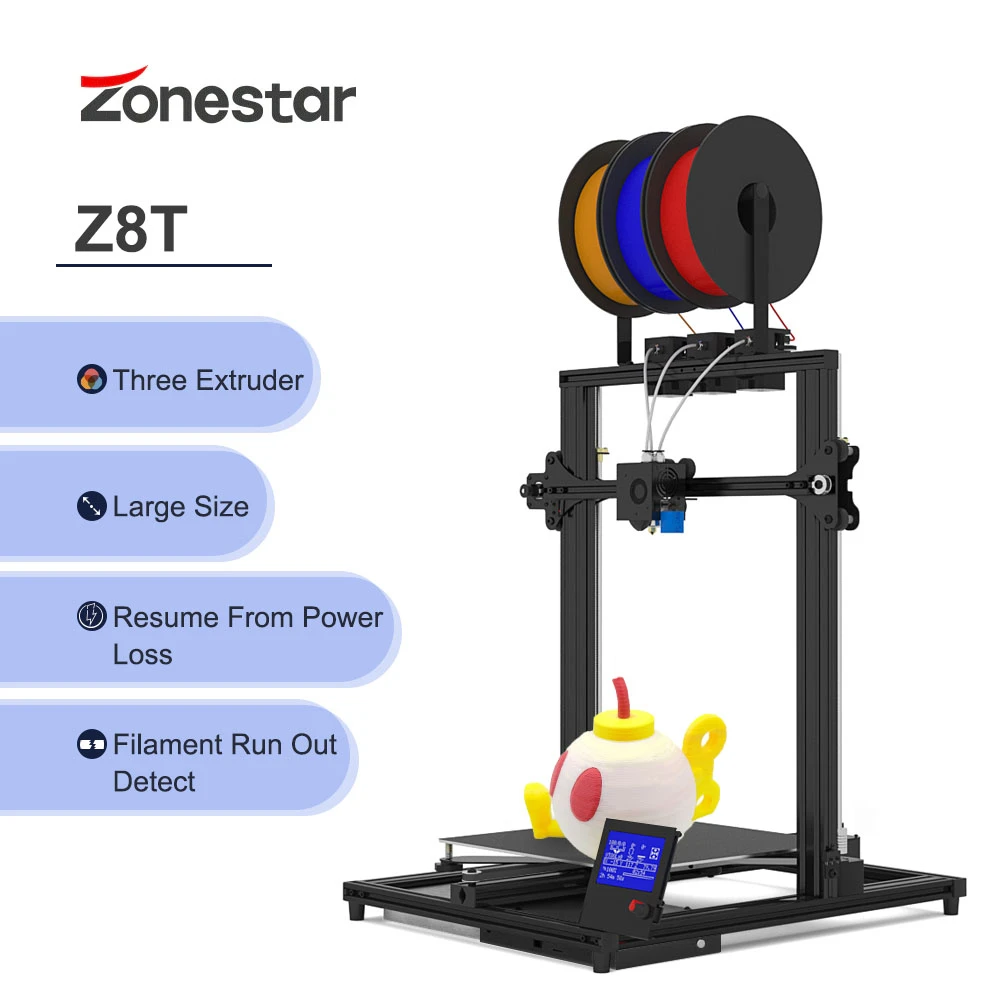 Bestellen Zonestar Z8T Große Hohe Präzision Auflösung Super Ruhig Einfach Zu Installieren 3 In 1 Heraus Extrusion Automatische Farbe Mischen 3D Drucker