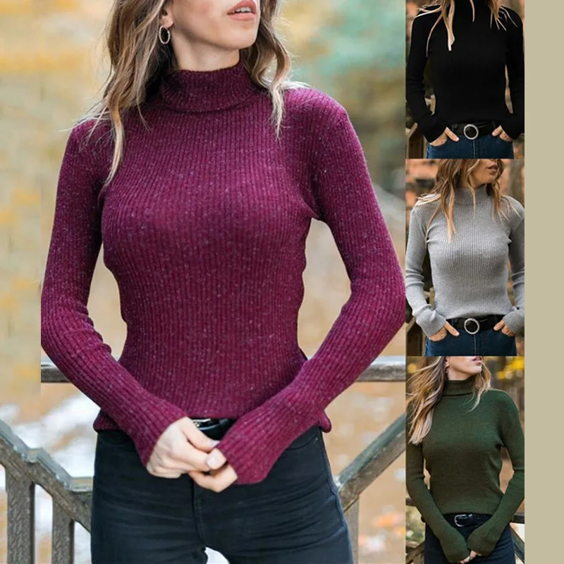 Классический женский свитер с высоким воротником облегающий осенний вязаный