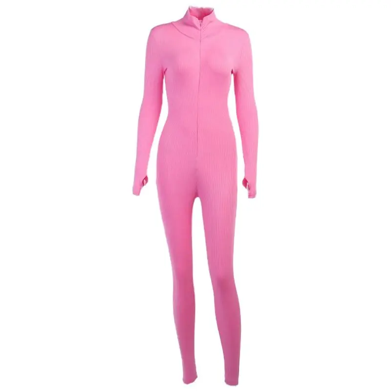 

Fitness Women Long Sleeve High Neck Jumpsuit Ribbed Zipper Embroidery Bodycon Playsuit