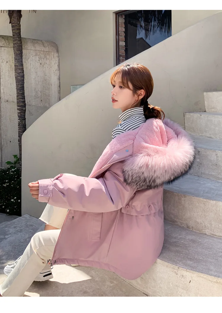 2021 Women Fur Collar Thicken Warm Parka Ladies Winter Solid Hooded Cotton Padded Coats Fashion Buttons Casual Female Jackets
