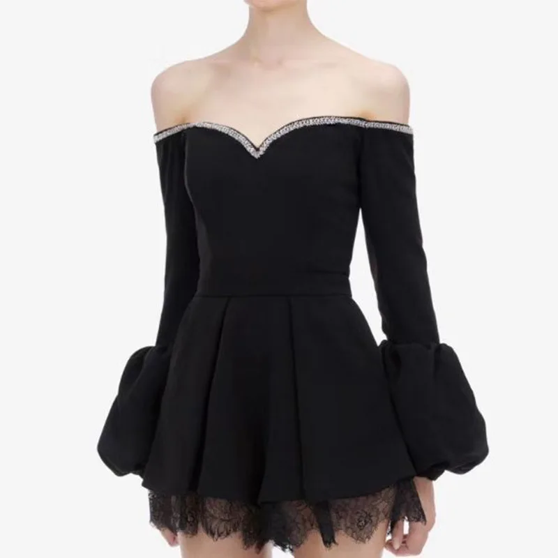

spring New 2021 early black one line off shoulder with diamond bra lace Lantern Sleeve Jumpsuit trend