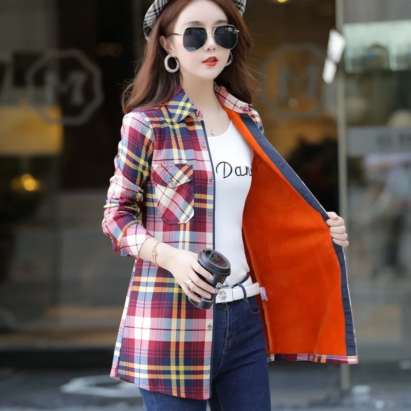 

New Women Velvet Thick Warm Long Plaid Shirts Female Long Sleeve Tops 3XL Female Winter Blouses Blusas Femininas Chemise X229