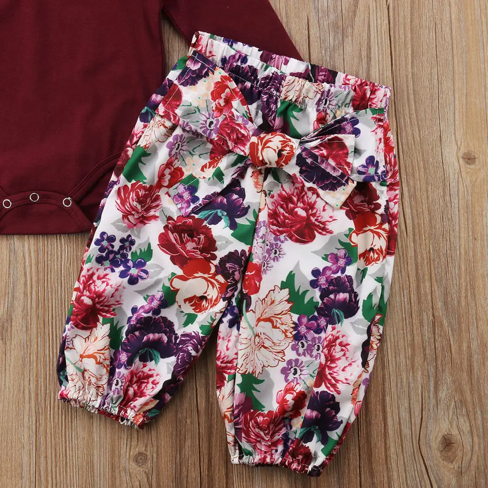 

3Pcs Baby Girls Clothes Set Flying Sleeves Bodysuit + Floral Lace-up Pants + Headwear Kids Outfits