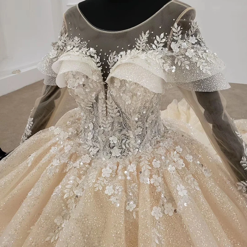 HTL1286 Luxury Wedding Dress O Neck Long Sleeves Tiered Flower Ball Gown Lace Up Illusion Glitter ชุดเจ้าสาว | Свадьбы и