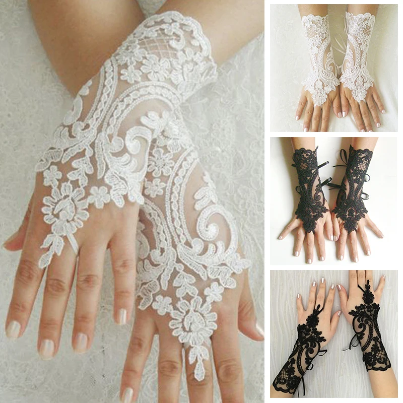 

White Wedding Gloves Ivory Black Lace Bridal Gloves Girl Party Fingerless Lace Glove Ladies Flower Guantes Wedding Accessories