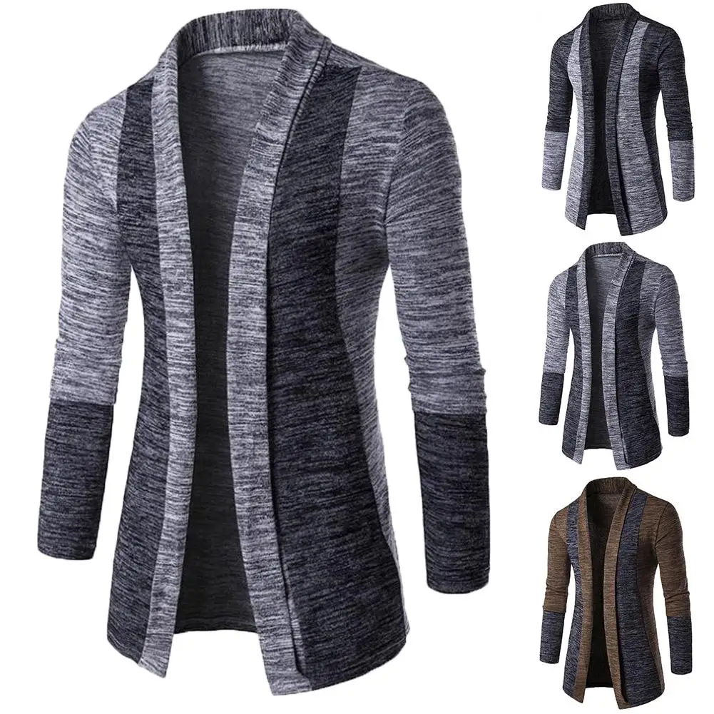 

Retro Men Patchwork Long Sleeve Slim Fits Knitted Sweater Cardigan Coat Outwear