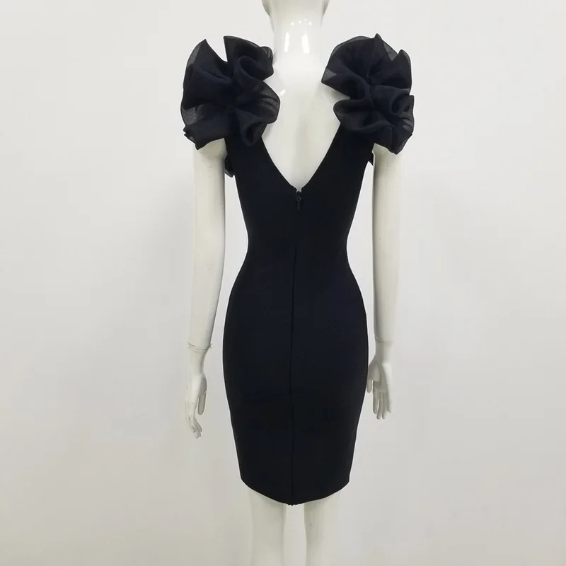

High Quality Celebrity Black V-neck Sleeveless Rayon Bandage Dress Evening Party Bodycon Dress