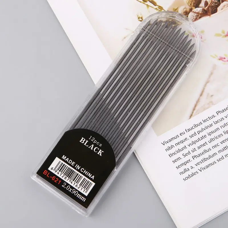 

12Pcs 2.0 mm Mechanical Pencil Black 2B Lead Refills Draft Drawing Writing Crafting Art Sketching School Stationery Office