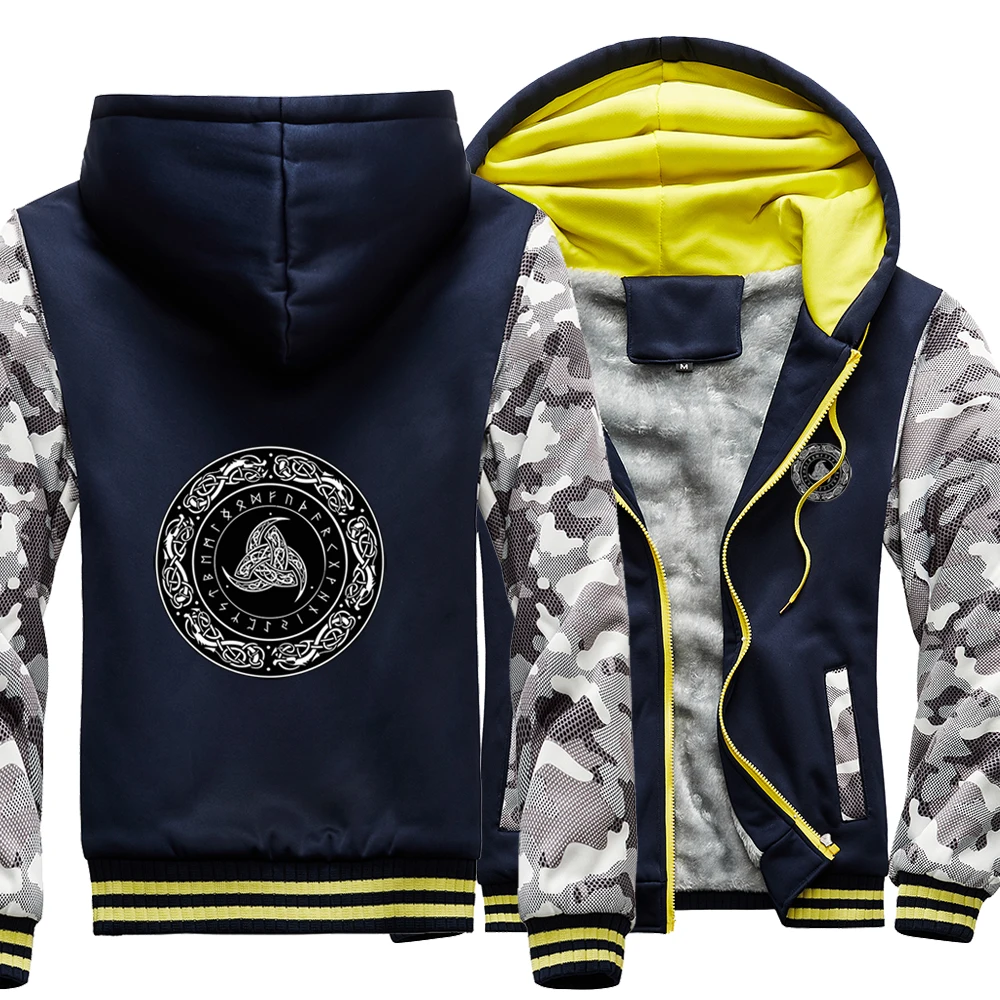 

Vikings Season Viking People Logo Camo Raglan Thick Hoodies Winter Warm Printed Sweatshirts Coat Men Fitted Street Black Jackets