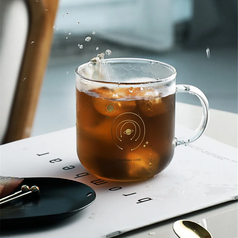 Chic Glass Mug Fish Planet Gold Printing Breakfast Milk Juice Coffee Cup Crystal Transparent Mugs Handle Drinkware Couple Gifts | Дом и сад