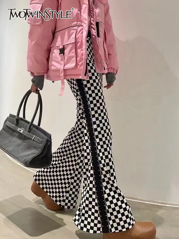 

TWOTWINSTYLE Casual Plaid Pants For Women High Waist Colorblock Loose Long Boot Cut Trousers Female 2021 Autumn Fashion Clothing