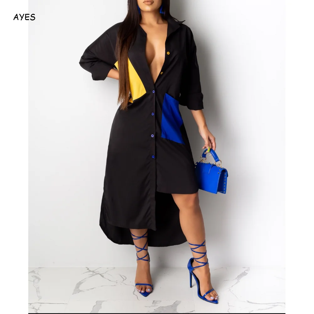 

2020 Loose Autumn Spring Shirtdress Fashion Women Patchwork Dress Female Long Sleeve Button Up Irregular Dresses Shirt Dress XXL