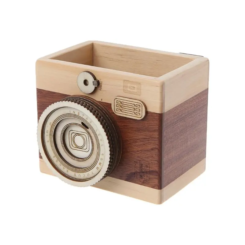 

High quality Creative Camera Pattern Wooden Pen Pencil Case Holder Stand Desktop Sundries Storage Box Multi Purpose Use