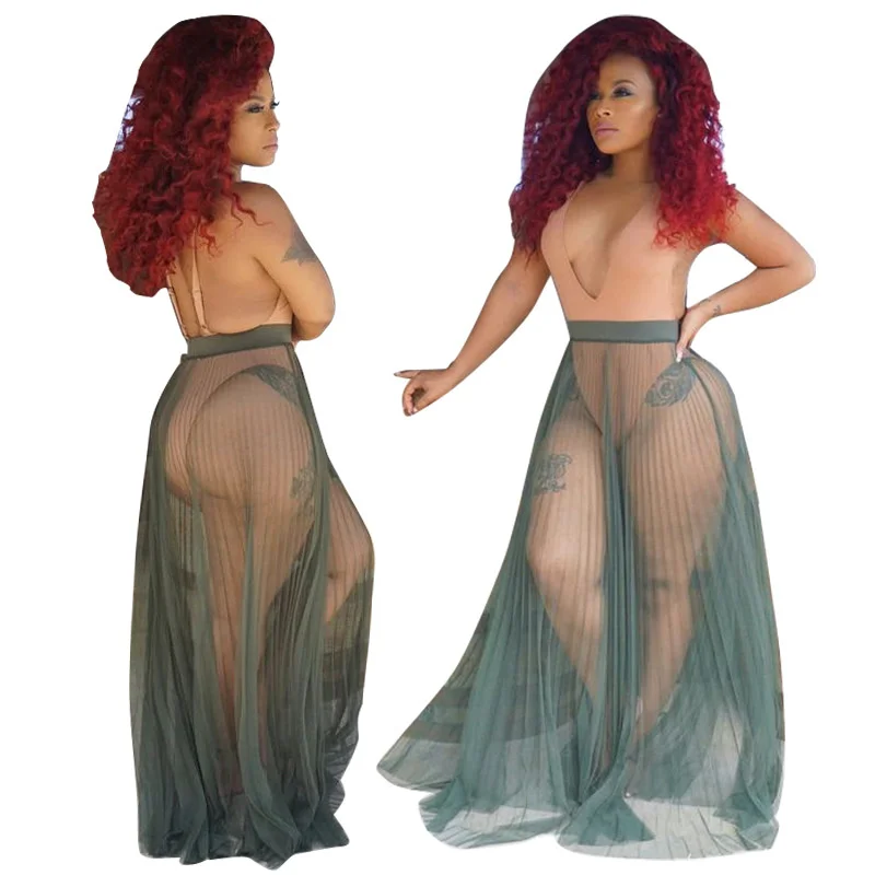 

Zoctuo Beach Skirt For Women Casual Summer Sexy Holiday Beach High Waist Sun Skirt Loose Mesh See Through Pleated Maxi Skirt