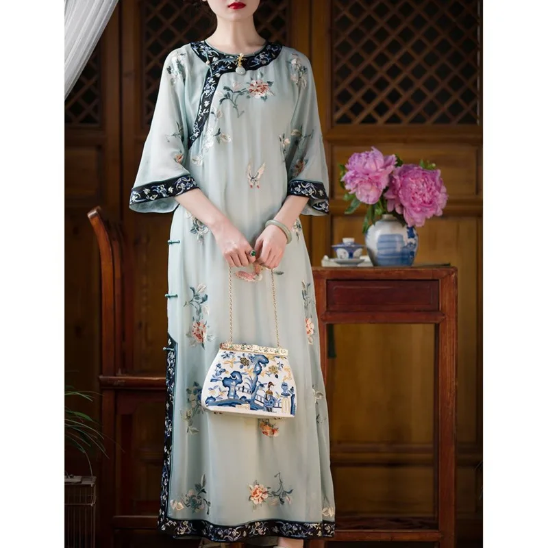 

Ethnic Style Long Cheongsam Women Chinese Dress Hanfu Traditional Robe Orientale Vestido Chino Mujer Large Size Vintage Qipao