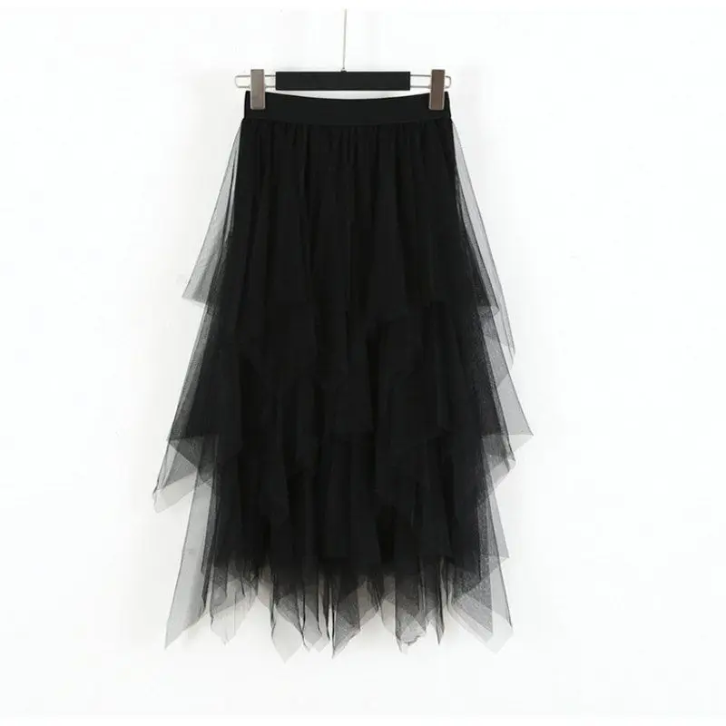 

Women Elastic High Waist Long Tulle Skirt Female Irregular Hem Mesh Tutu Skirt Autumn Spring Party Skirt Ladies