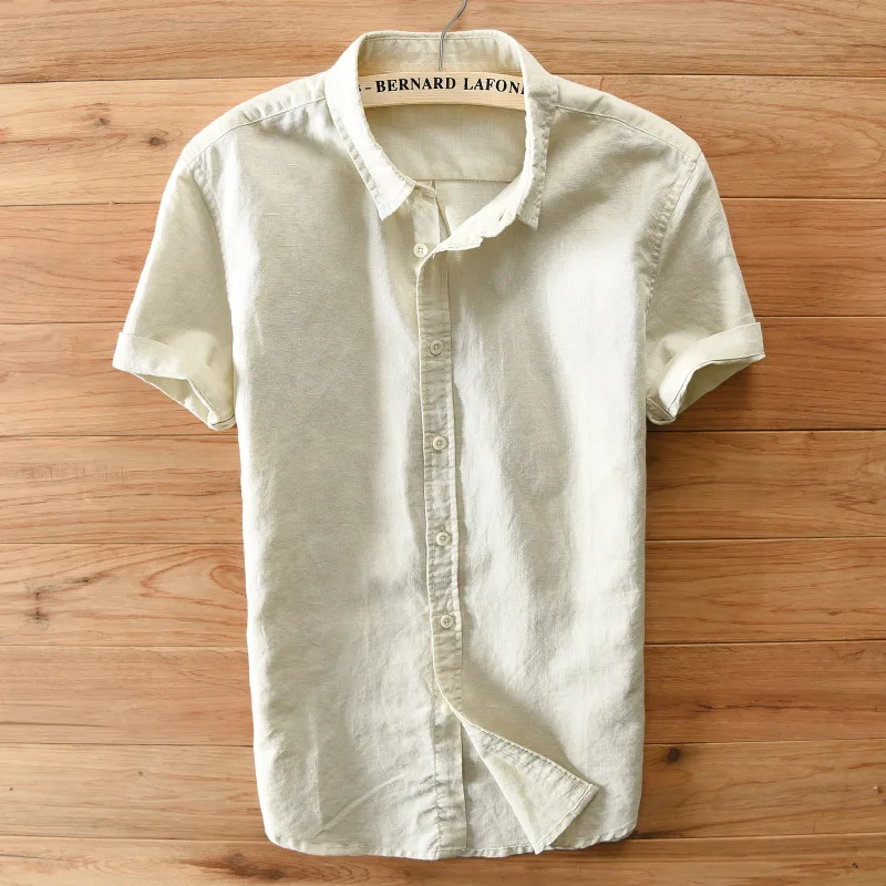 

13# de alta gama de lino color puro ocio camisas sueltas con mangas cortas