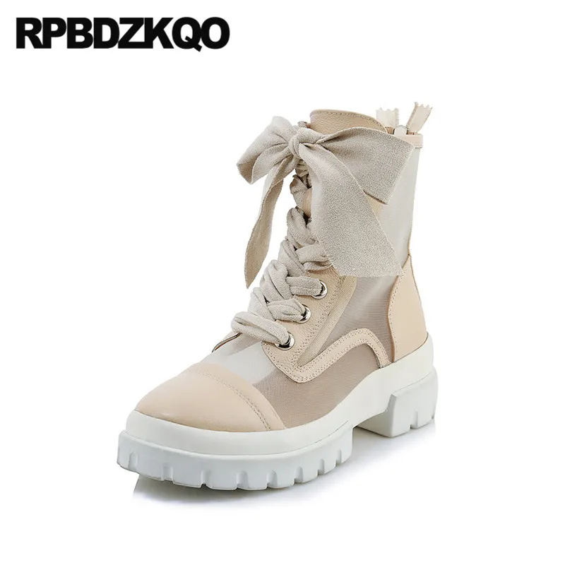 Сапоги на платформе Дизайнерская обувь бежевого цвета с сетчатой юбкой и бантом